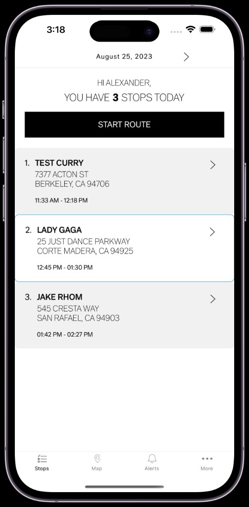 I led and contributed to multiple custom mobile applications for Restoration Hardware, focused on logistics, hospitality, and high quality user experiences.
RH Routing App
I built a real time delivery navigation app using React Maps and the Bing API, including geofencing, voice guided navigation, and a dynamic delivery checklist. I integrated backend APIs to pull delivery itineraries and plotted routes using live GPS data.
CMS and food ordering
I built a CMS backed in app food ordering workflow to support streamlined ordering and delivery coordination.
RH Guesthouse App
I contributed to the Dine 2.0 and Iceos apps, delivering features for smart room control, food service, and concierge style experiences.
Additional contributions
I debugged and optimized React Native apps on a six person team, consistently shipping polished, user friendly releases on tight timelines.
app screen 1